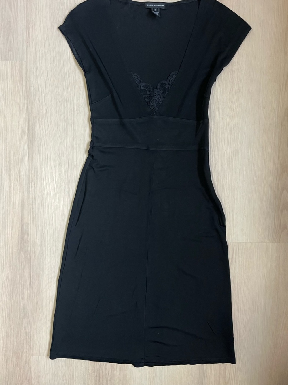 Vintage Club Monaco Classic Black Cap-Sleeve 90s Dress with Lace Trim